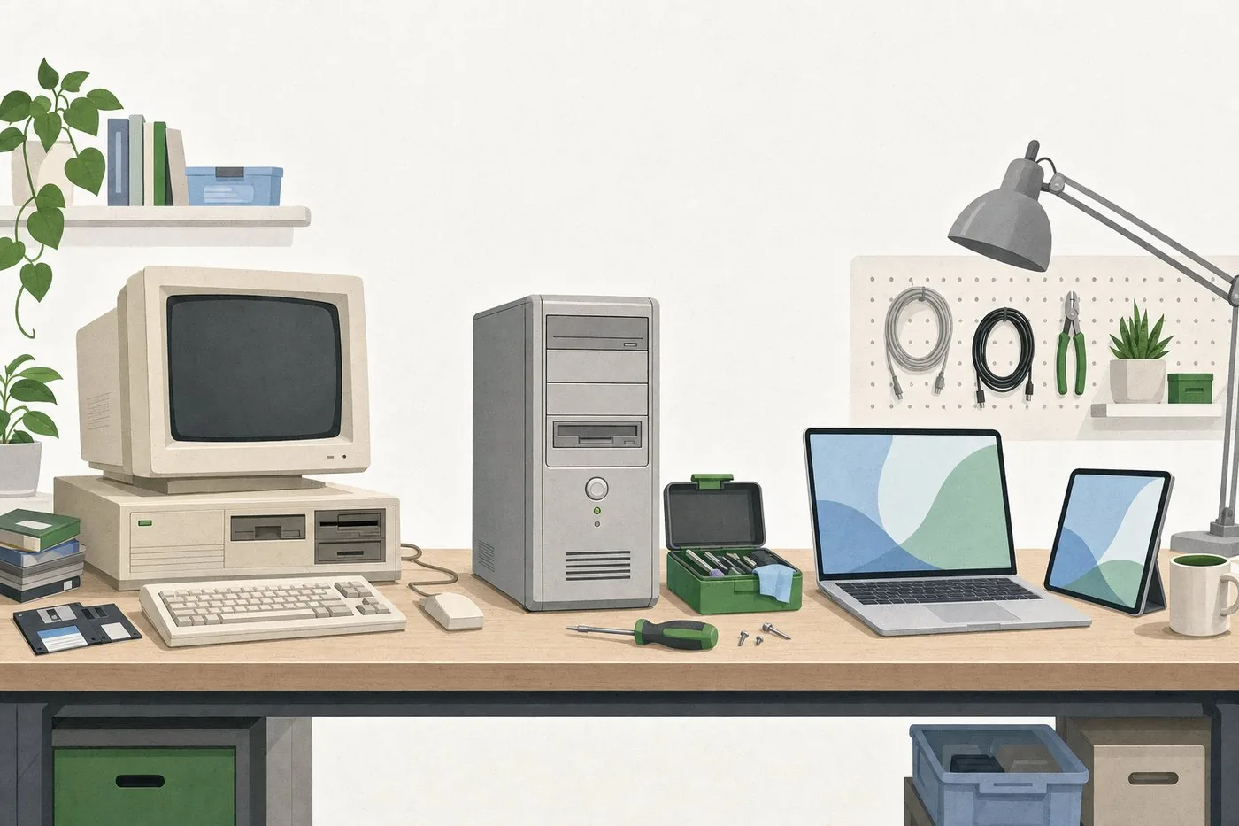 Workbench with a 1980s computer, a 2000s tower PC, and a modern laptop and tablet
