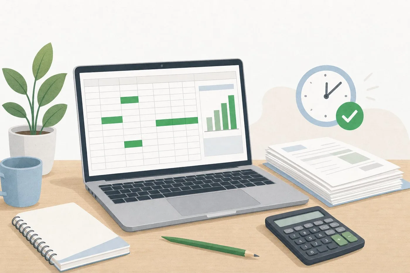 Laptop showing a spreadsheet next to a calculator and invoices