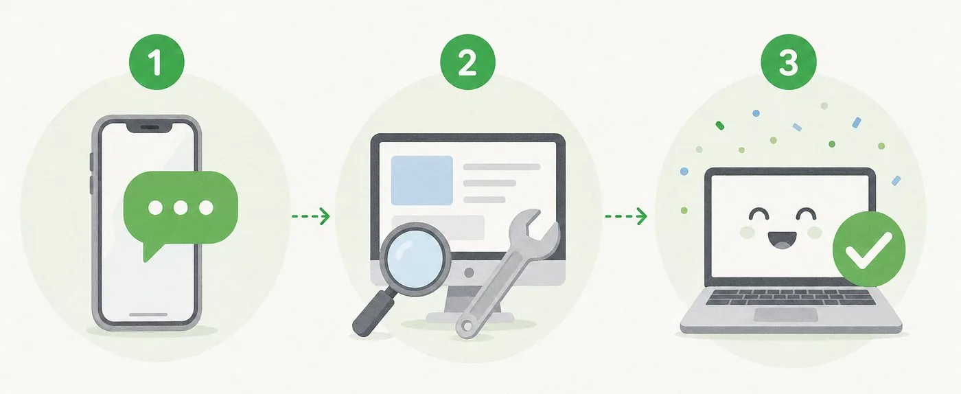 Three steps: contact us, we diagnose and fix, you're back in business