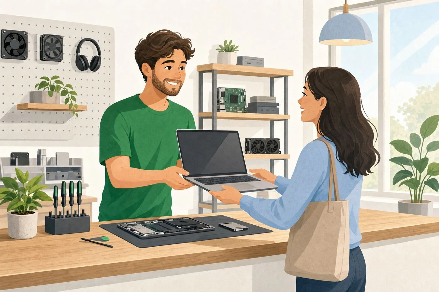 Technician handing a repaired laptop back to a customer at the repair counter