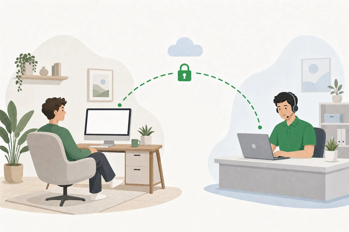 Customer at a home computer connected securely to a technician's laptop