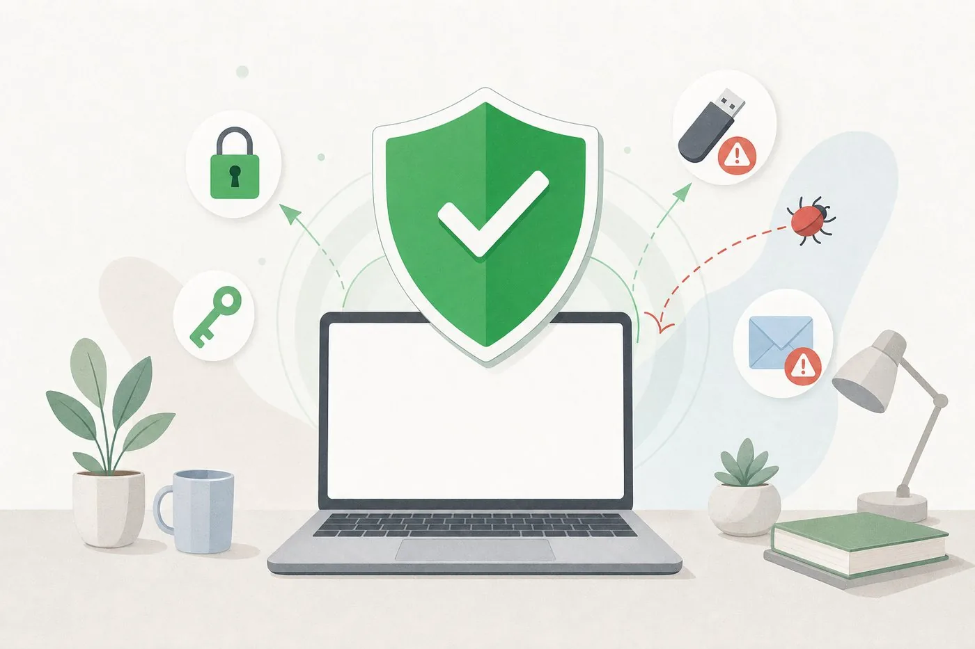 Laptop protected by a shield from malware, suspicious USB drives and email attachments
