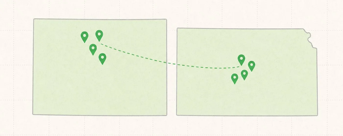 Map of Colorado and Kansas with service pins in Northern Colorado and Central Kansas